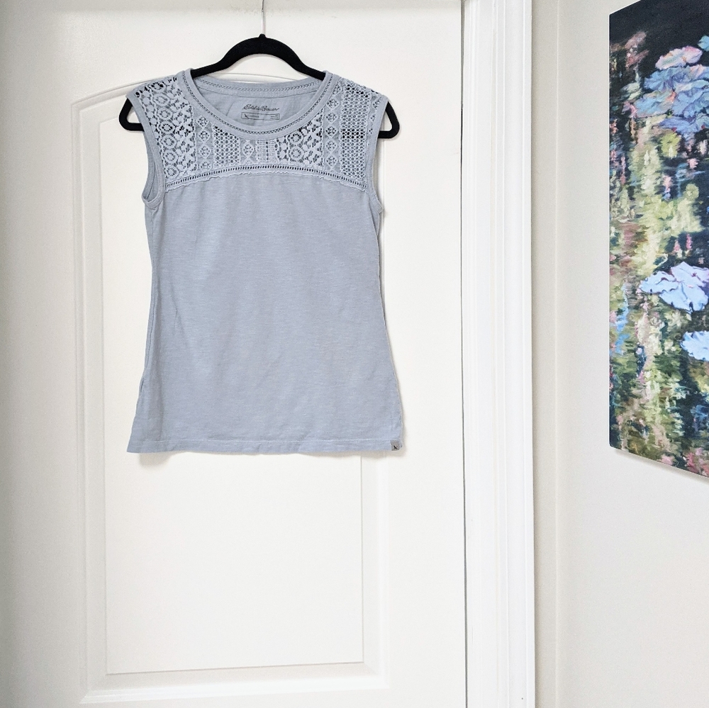 EDDIE BAUER Pale Blue Sleeveless Crochet Lace Tank Top